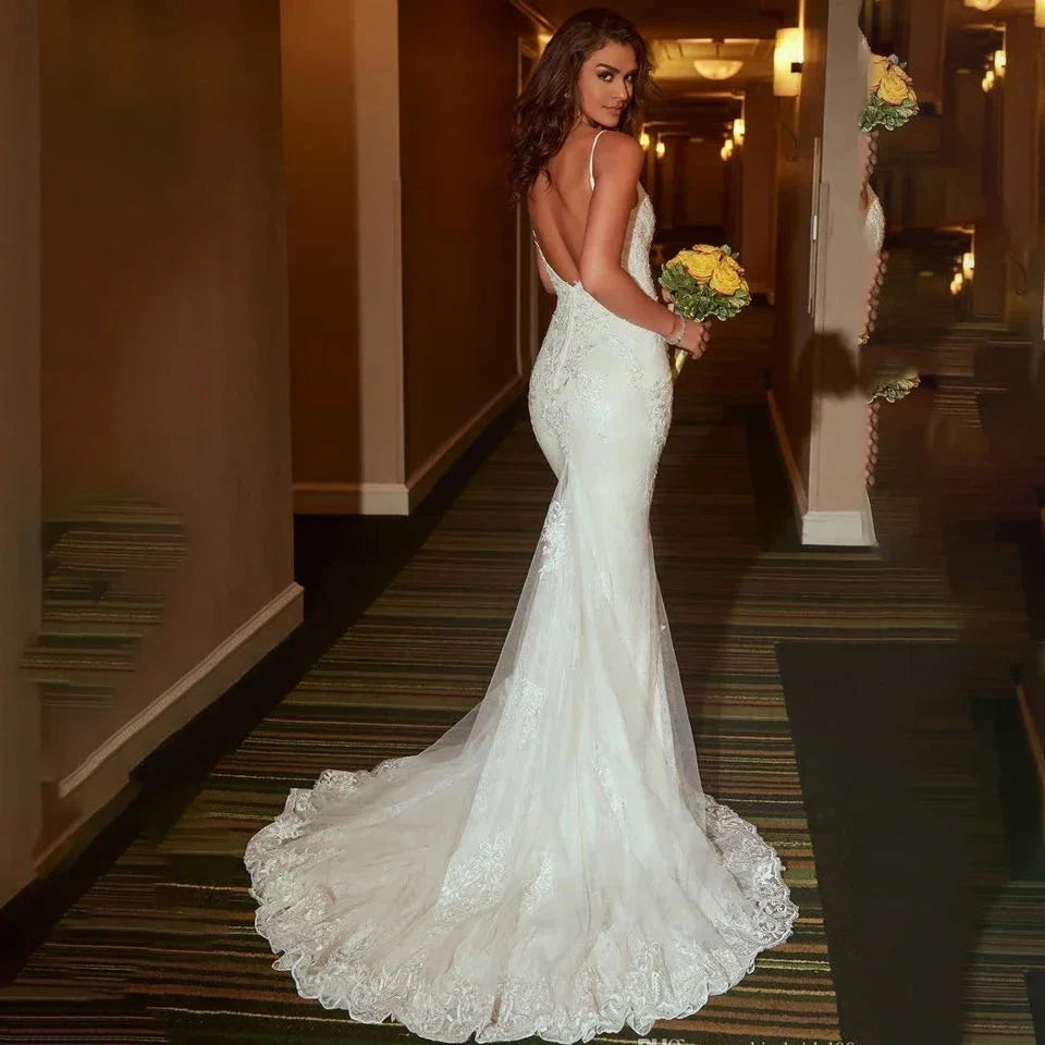 CustomizedSexy Open-Back Mermaid Wedding Dresses Spaghetti Lace Wedding Dress Bridal Gowns Vestido De Noiva Custom Made