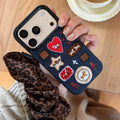 Artisan Denim Phone Case with Korean Embroidered Cartoon Design for iPhone 17 16 Pro 15 14 13 Pro Max