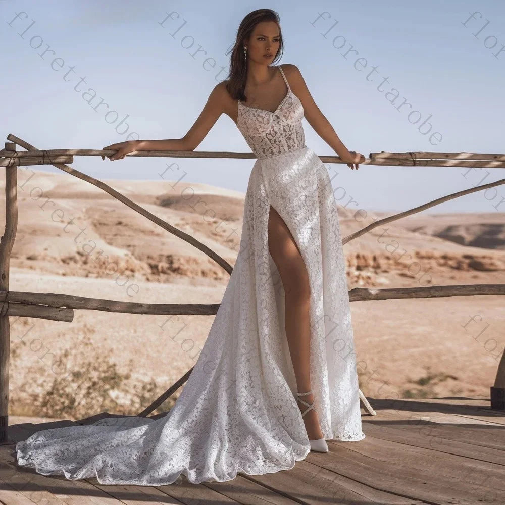 Customized Exquisite Spaghetti Straps V-neck A-line Court Train Wedding Dresses Cut Out Lace Appliques Front Slit Bridal Gowns
