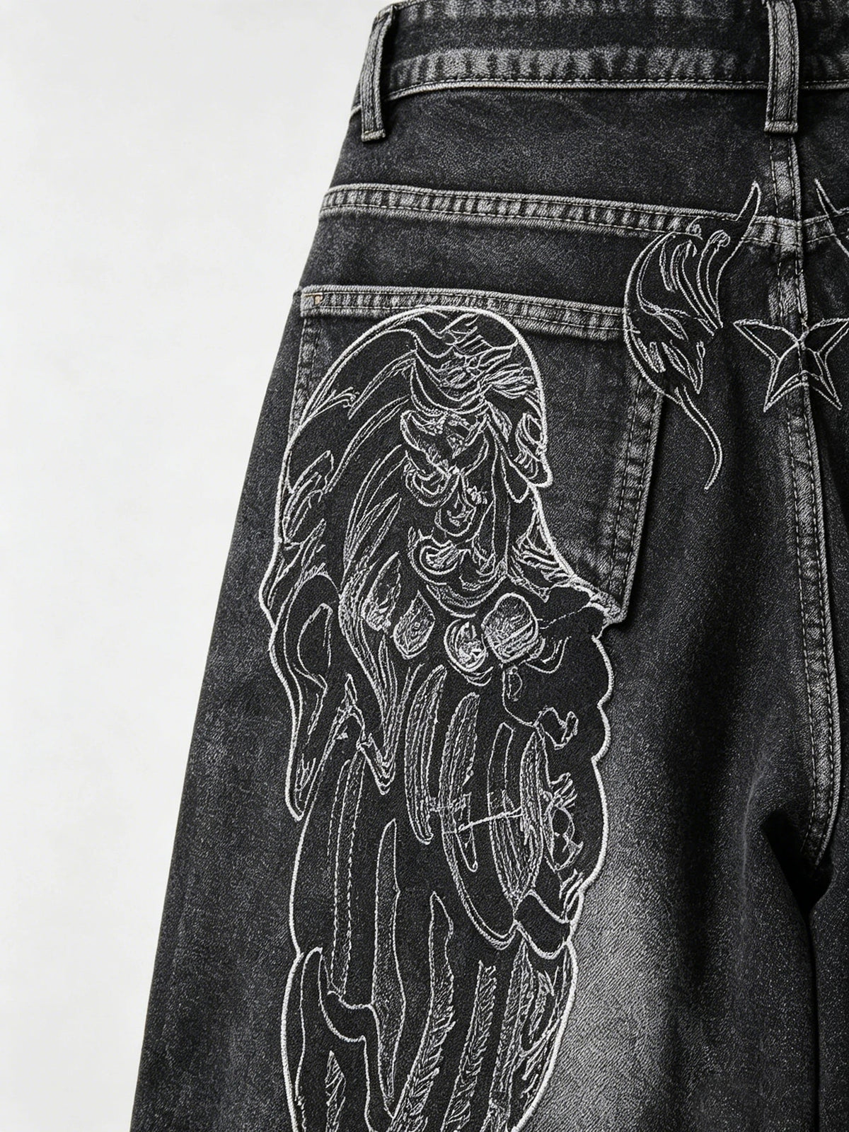 1 Pc American Retro Creative Wing Embroidered Women's High-Waisted Jeans, Fashionable And Versatile Slimming Wide-Leg Trousers