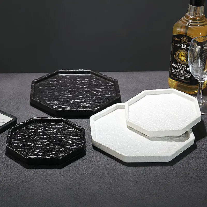 1PC Octagonal Black White Plate Luxury Light Luxury Steak Plate Western Food Dish Tableware for Home Dining Table