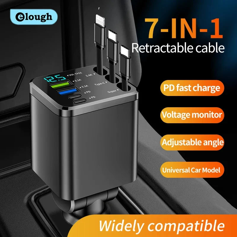 Elough 7 In 1 Car Charger Retractable USB C To ios Cable For iPhone Samsung Car Phone Charger USB Cigarette Lighter QC Adapter