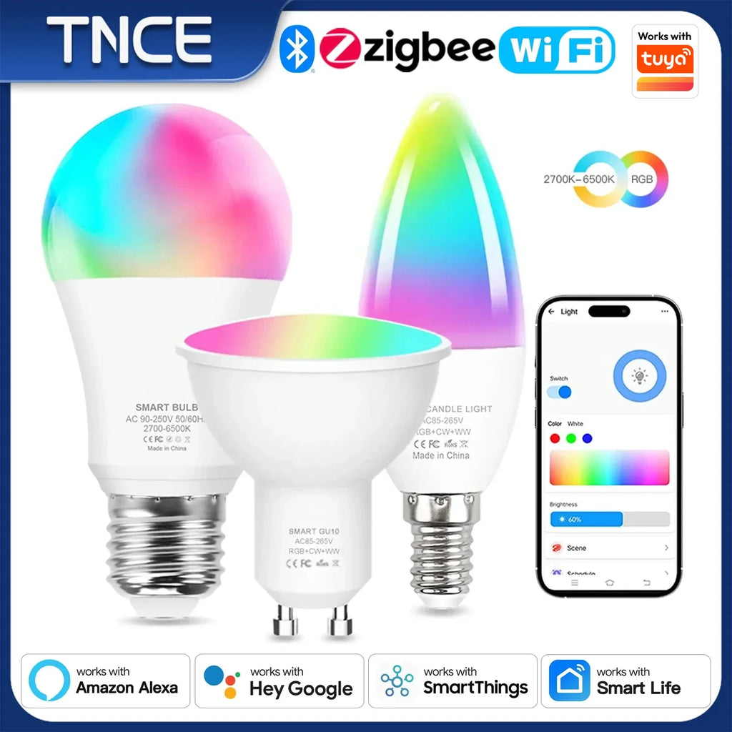 TNCE Tuya E27 E14 GU10 Bulb WIFI Zigbee, Dimmable Light LED lamps 2700-6500k RGB, Smart Life APP, Voice With Alexa Google Home