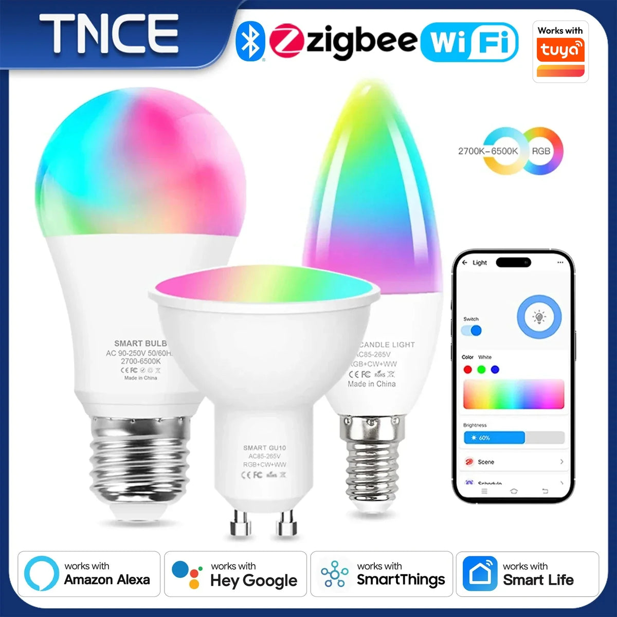 TNCE Tuya E27 E14 GU10 Bulb WIFI Zigbee, Dimmable Light LED lamps 2700-6500k RGB, Smart Life APP, Voice With Alexa Google Home