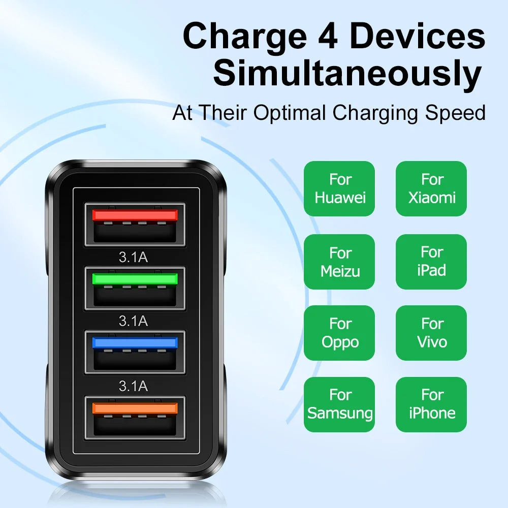 4 Ports Quick Charge 3.0 Wall Fast Charger Adapter Micro USB Fast Data Sync Charger Cable for Samsung Xiaomi Huawei Mobile Phone