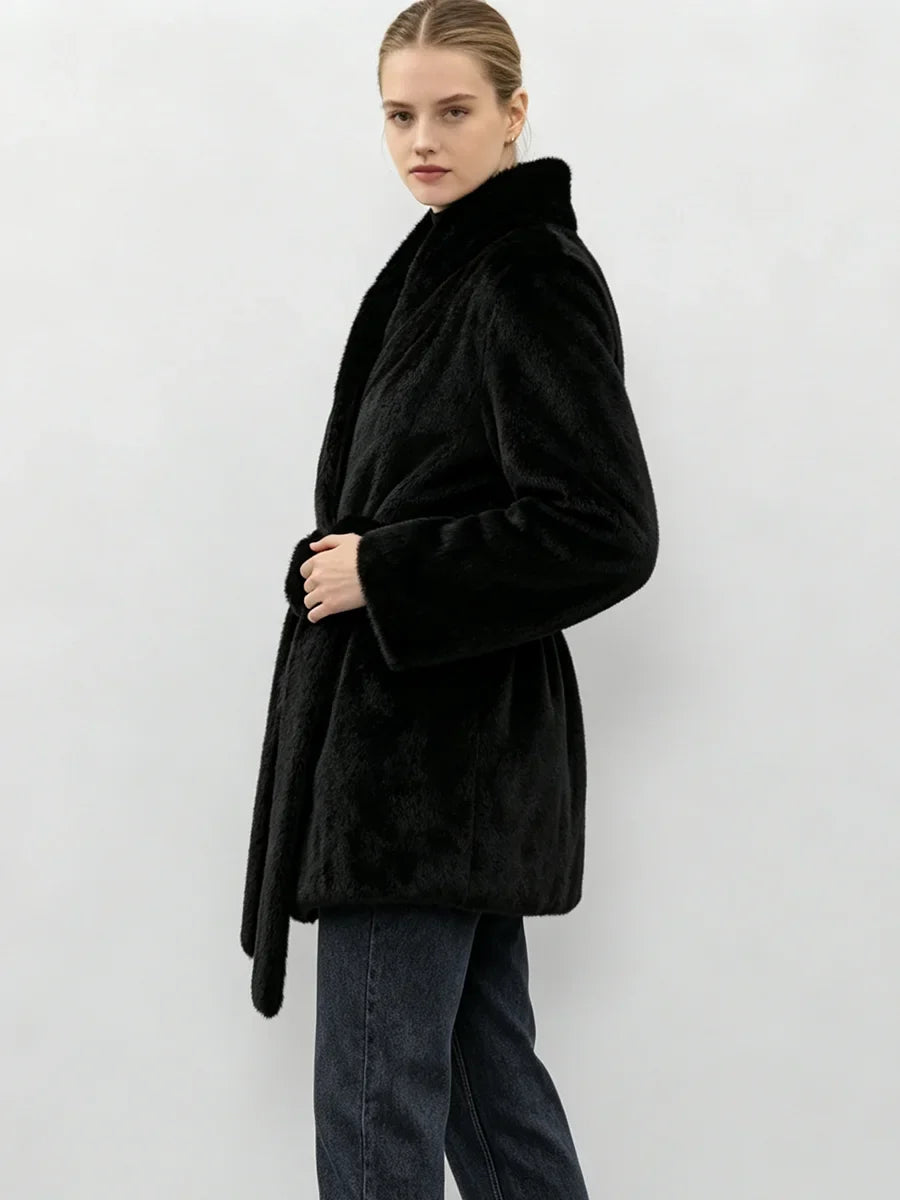 LIMO Women  Faux Mink Fur Coat Wrap Belted Waist Stand Collar Long Sleeve Loose Warm Winter Elegant Ladies  Plush Outerwear