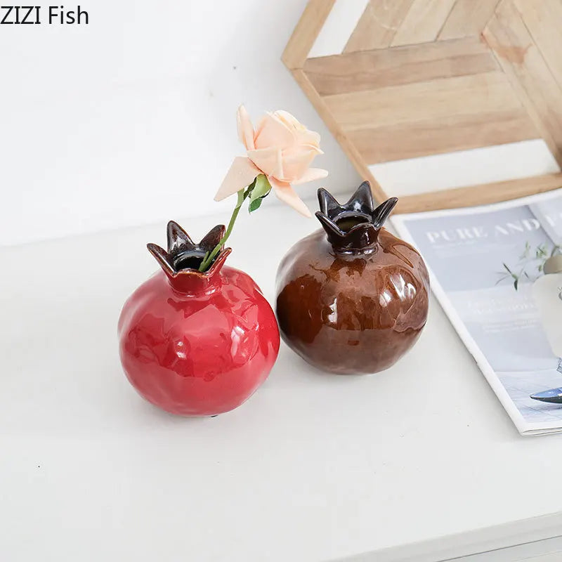 Bright Porcelain Pomegranate Vase Plant Pots Table Decoration Ornaments Flower Arrangement Ceramic Vases Room Aesthetic Decor