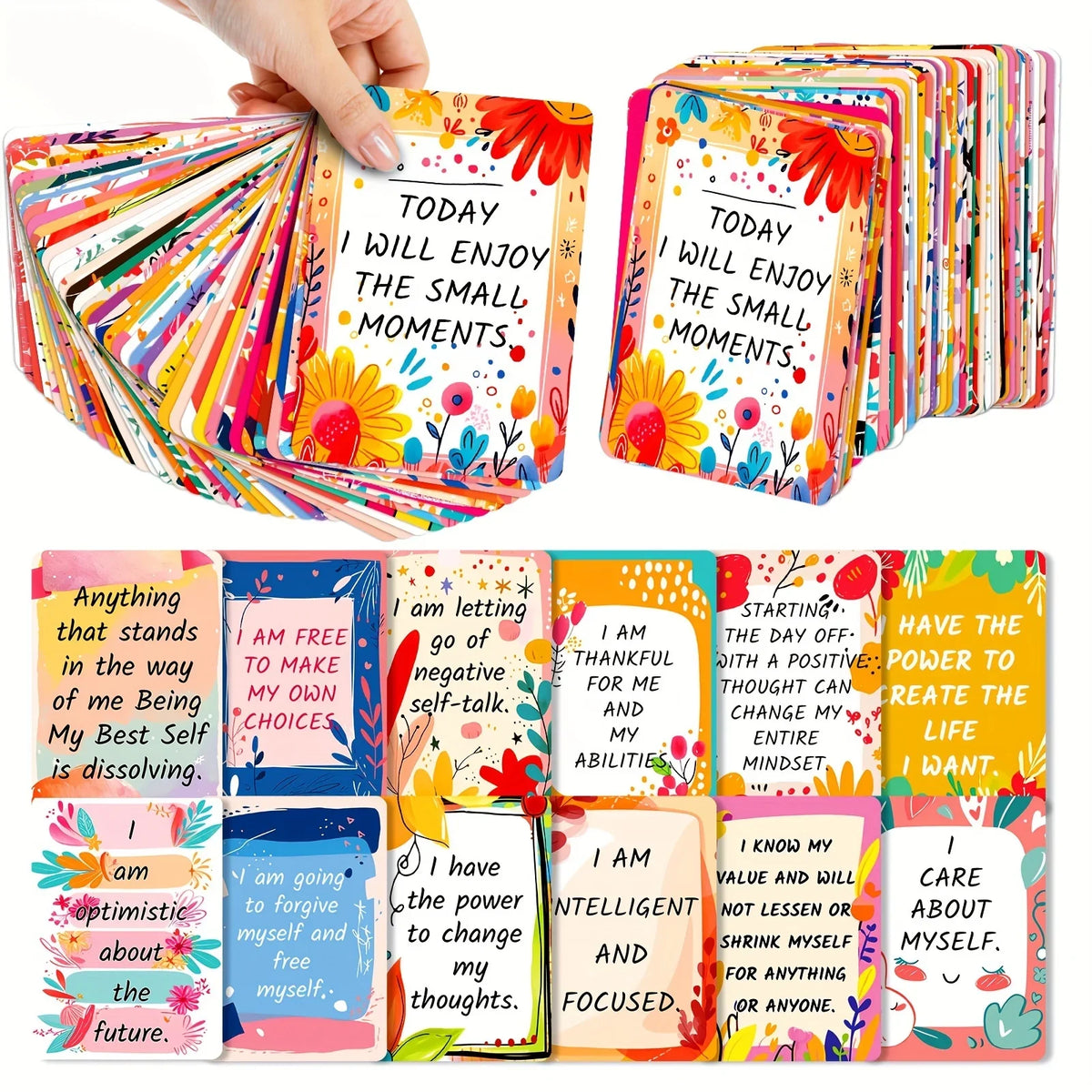 50 Motivational and Positive Affirmation Cards with Colorful Designs and Inspirational Quotes