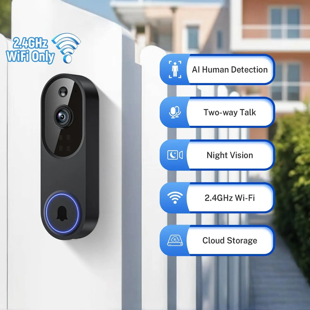 1080p Wireless Wi-Fi Video Doorbell Camera with Two-Way Audio, Night Vision, Cloud Storage, AI Motion Detection, 2.4GHz Wi-Fi