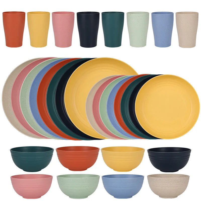 Natural Wheat Straw Tableware Set Dinnerware Sets Biodegradable Unbreakable Plates, Bowls, Cups Lightweight for Kitchen Camping