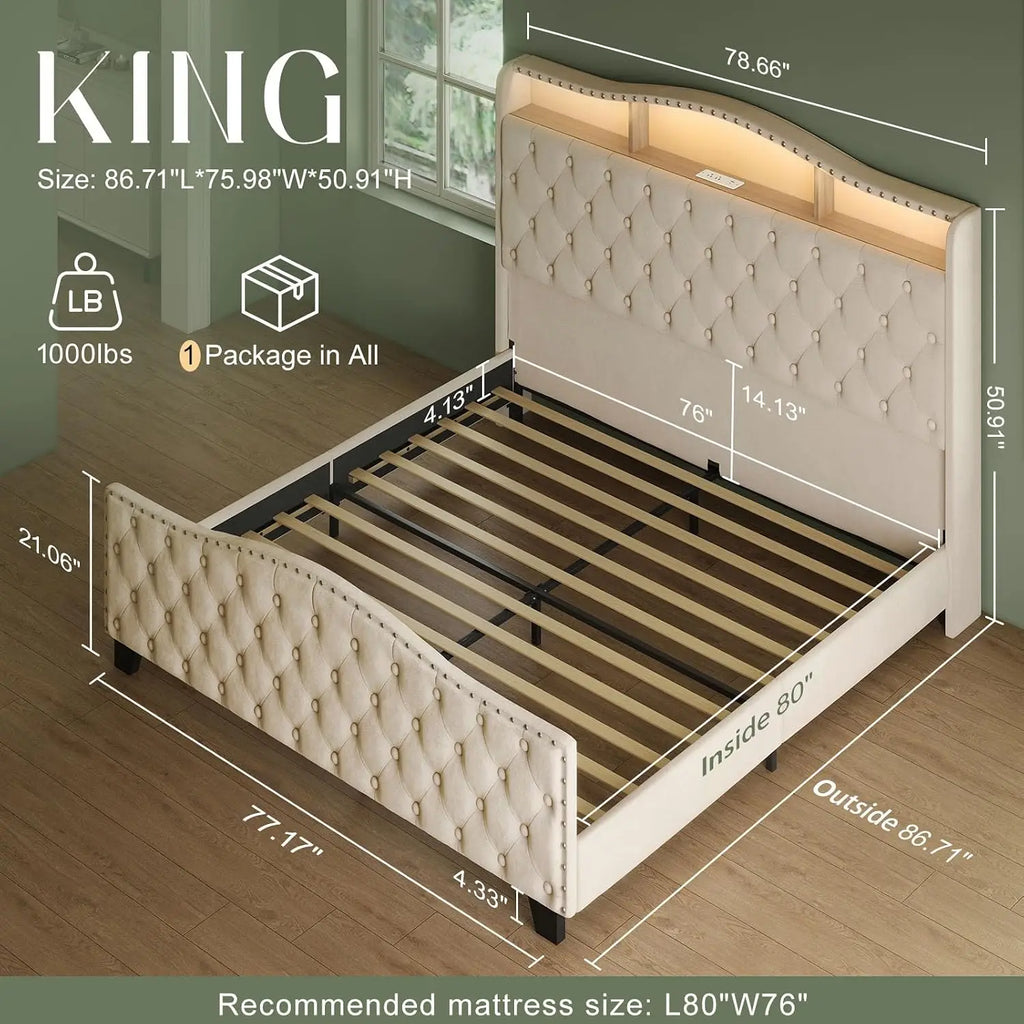 King Size Platform Bed Frame with 50.9" LED Headboard, Beige, Custom