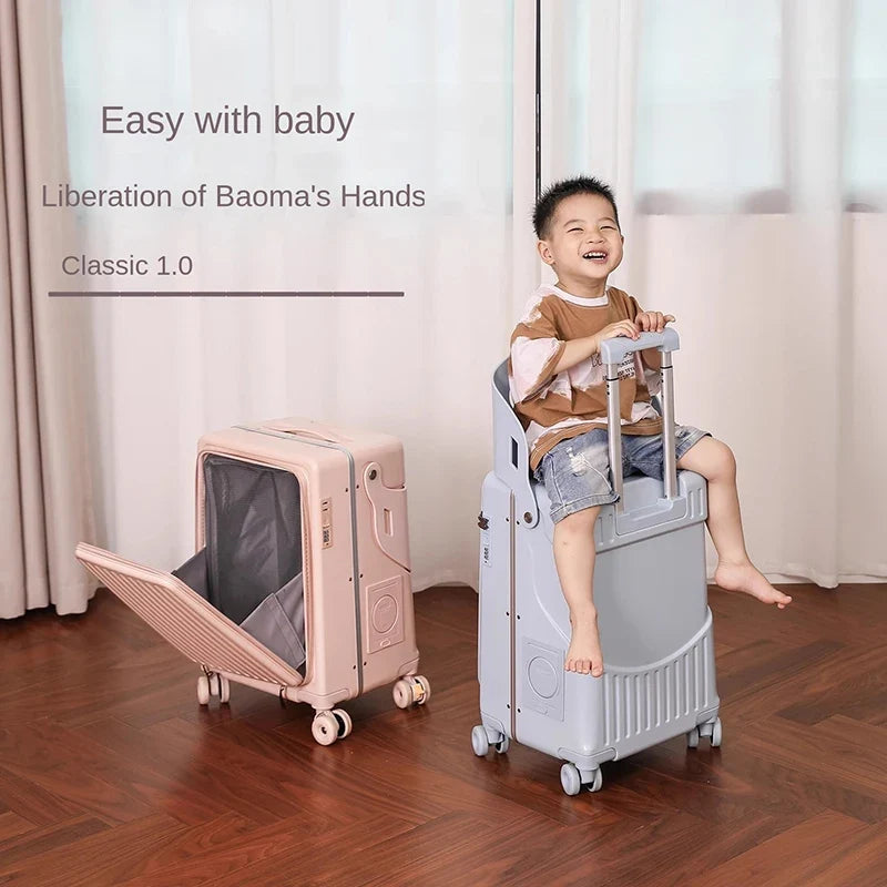 New Suitcase for Children Can Sit 20/22/24 Inch Ride on Luggage Front Opening Sturdy Thickened Travel Suitcase with Cup Holder