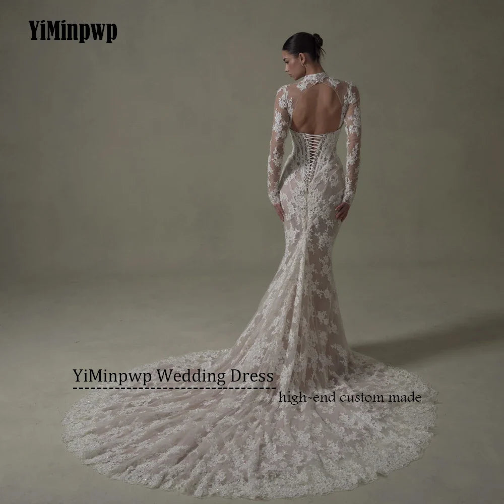 Ivory Lace Mermaid Wedding Dresses for Bride Removable High Neck Long Sleeve Backless Garden Beach Bridal Gown Customized