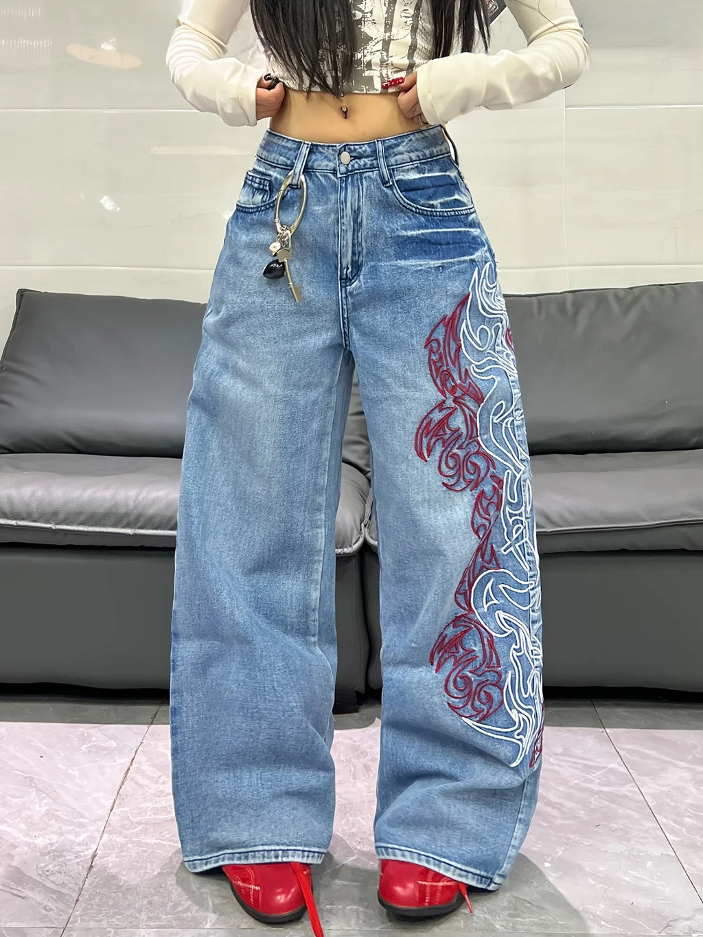 American Retro Two-Color Embroidered Wide-Leg Women's High-Waisted Jeans - Fashionable Design, Straight-Leg Loose Slimming Wide-Leg Floor-Length Trousers For Street Hotties