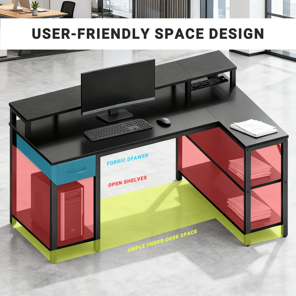JHK L Shaped Gaming Desk with USB Charging Ports & LED Lights Reversible Desks Computer Gamer Table for Home Office Small Space