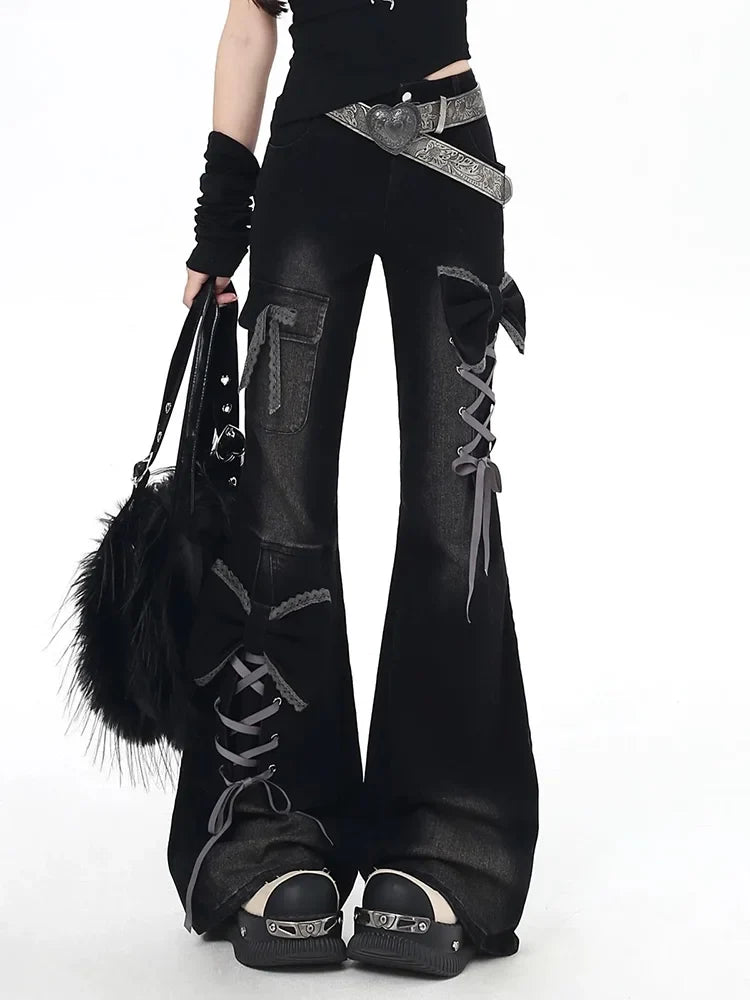 Y2K Bow Jeans Women 3D Design High Waist Slim Fit Flared Pants Spicy Girl