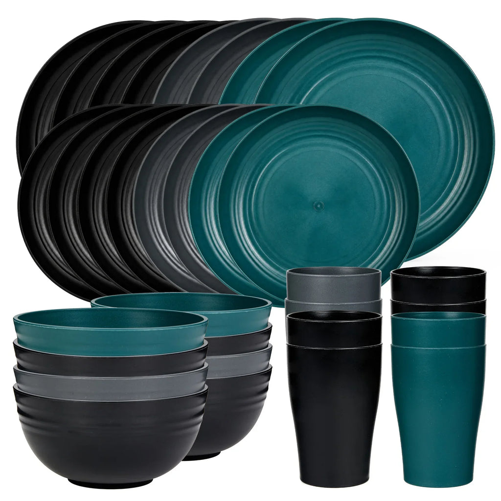 32Pcs Plastic Dinnerware Set Unbreakable Plates Bowls Cups Set  Grain Bowl Microwave Dishwasher Safe Family Camping Tableware