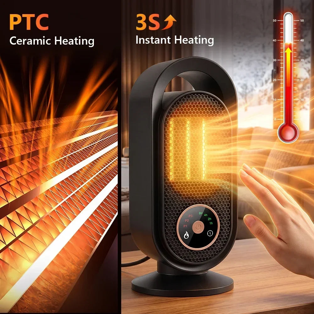Electric Ceramic Space Heater 1000W, PTC Fast 3s Heat, Touch Screen 3 Heat 4 Timer Settings, Tip-Over Protection, under 36dB