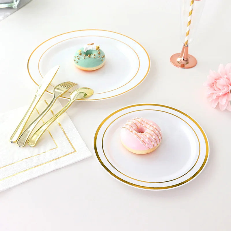 New Multi piece Set - Gold Platter Set, Plastic Tableware, Gold Edge Plate, Knife, Fork, Spoon, Party Wedding Set, Dessert Plate