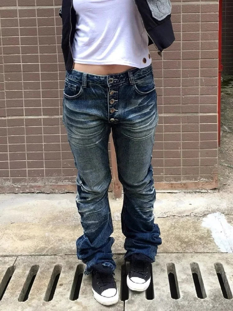 2026 Ropa Y2K Fashion Button Fly Washed Blue Slim Pleated Jeans Pants For Women Clothing Streetwear Vintage Lady Denim Trousers