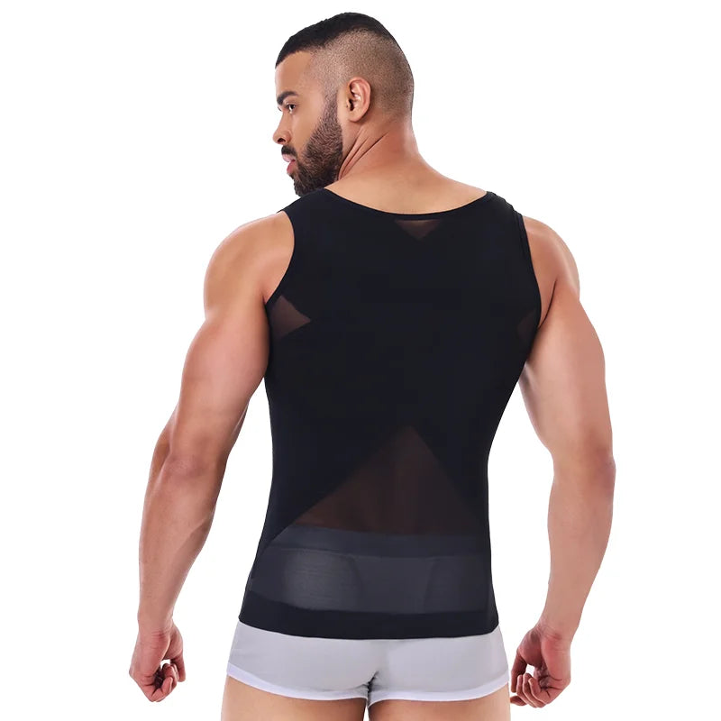 2 PCS Men Cross Mesh Compression Tank Top Gynomastica Shapewear Sleeveless Undershirt Tummy Control Slimming Body Shaper Breathable Waist Trainer Back Support Fitness Vest