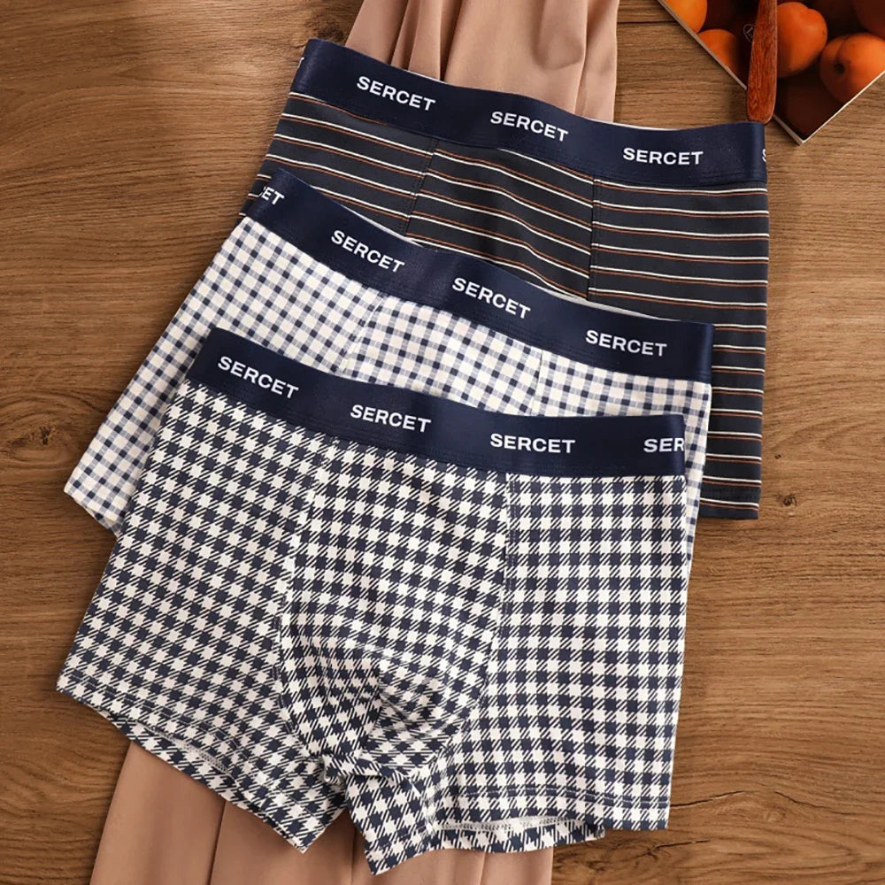 1/3PCS 95% Cotton Soft Boxers Striped/Dot/Plaid Knit Man Underwear Autumn Breathable Antibacterial 3D Mesh Crotch Men's Panties