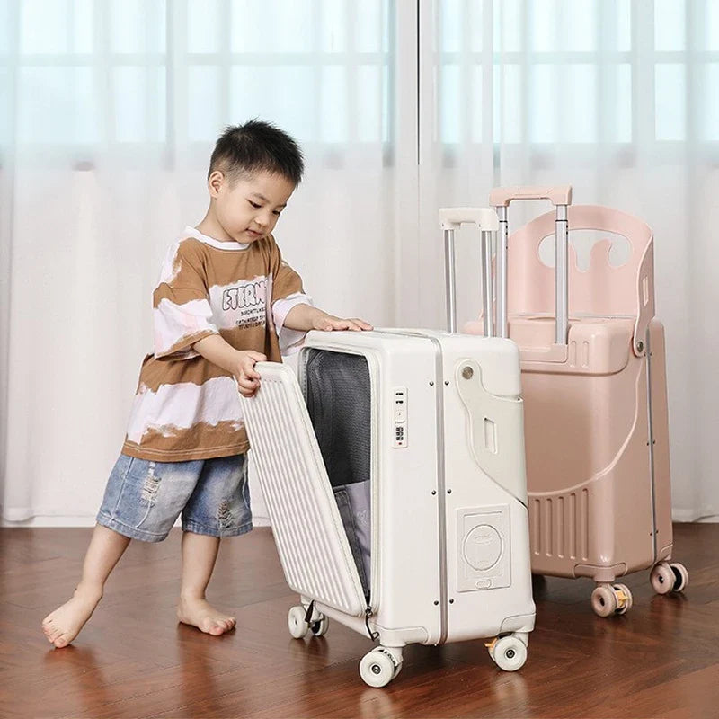 Baby Mother Travel Suitcase Children Can Sit and Ride Luggage with Cup Holder Trolley Case Lazy Walking Boarding Suitcases