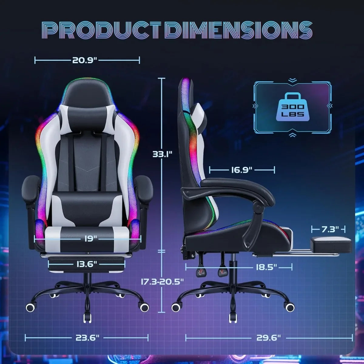 Chair with RGB LED Lights, Massage Lumbar Support & Footrest, Reclining High Back Computer Gamer Chair (White)