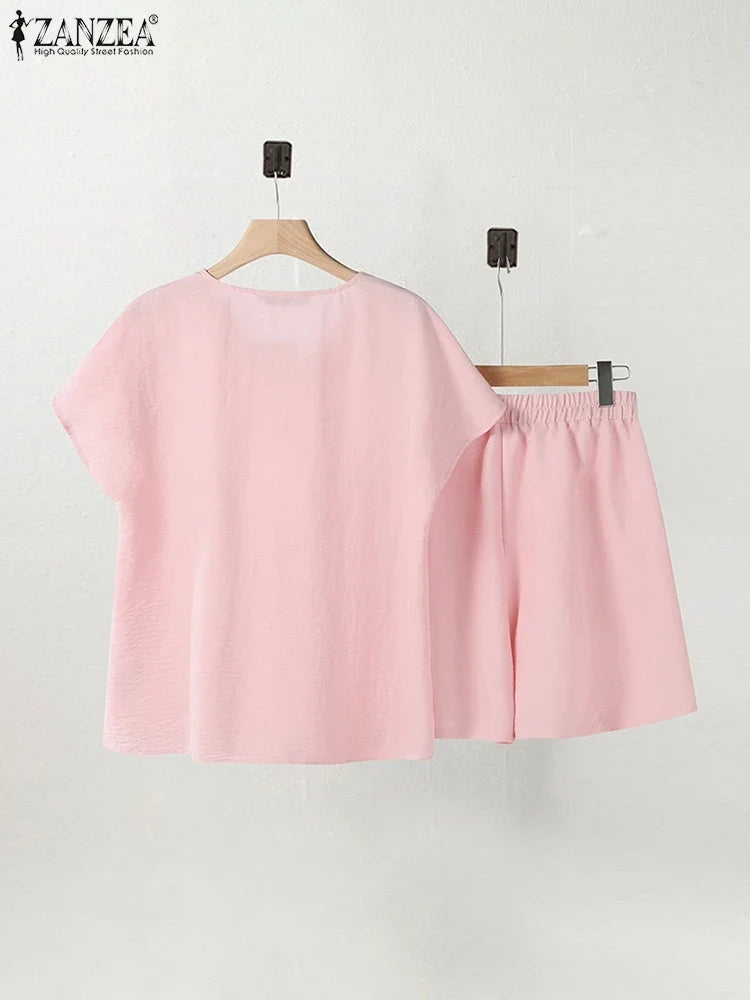 2025 ZANZEA Women's Short Sets Summer Lace Insert Short Sleeve V Neck T-shirt and Elastic Waist Shorts Casual 2-Pieces Suits