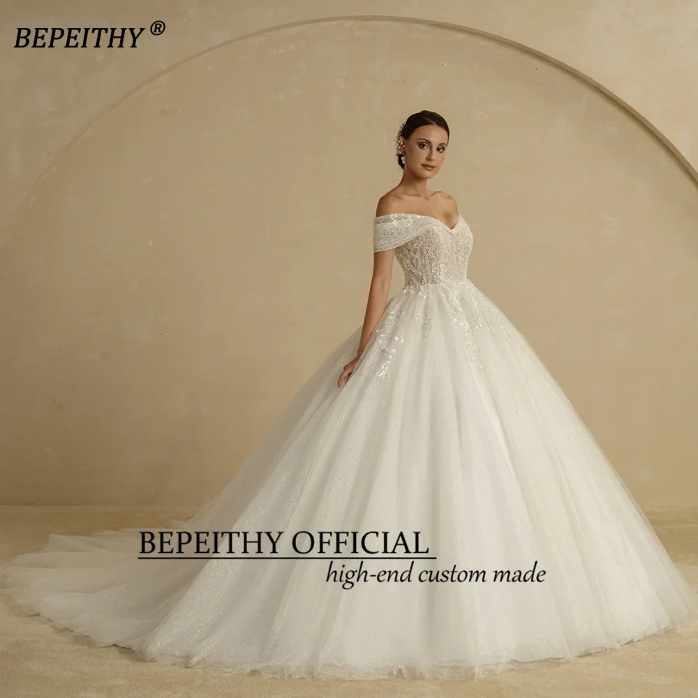 BEPEITHY Customized Plus Size Princess Wedding Dresses 2026 For Bride Off Shoulder Sleeveless Women Glitter Ball Bridal Gown