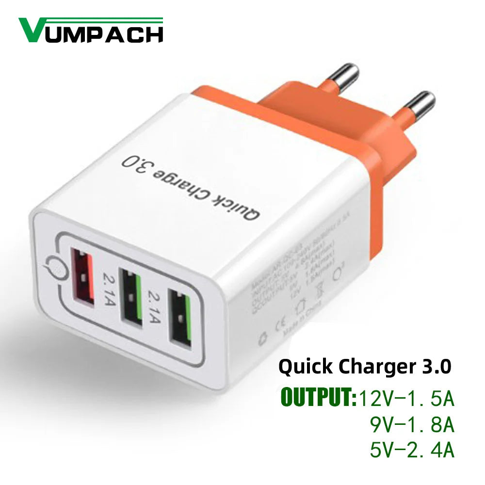 Wall Charger Adapter 3 Ports Quick Charge 3.0 Micro USB Fast Data Sync Charger Cable for Samsung Xiaomi Huawei ipad USB Charger