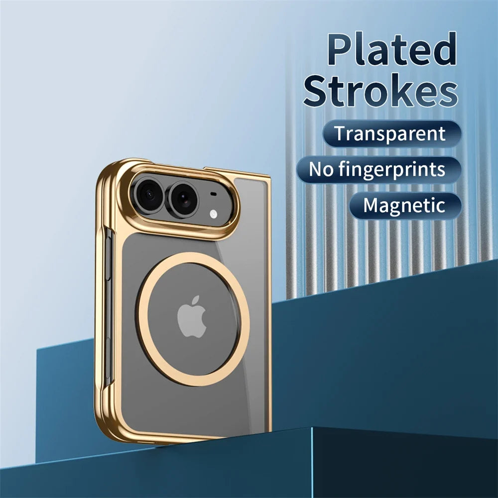 Luxury Gold Transparent Plating Magnetic Phone Case for iPhone Duo for Magsafe Wireless Charging Shockproof Clear Cover Funda