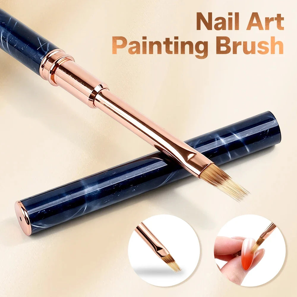 Portable Ombre Nail Art Brush with Dust Cap, Soft Nylon Bristles, Blue Marble Handle, Precision Blending Pen for Gradient Nail C