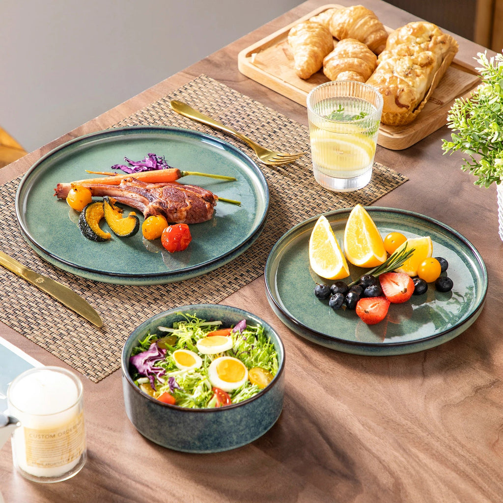 Vancasso 12/24/36 Piece Dinner Set Black Green Reactive Glaze Vertical Edge Dinnerware Set with 4 PCS Dinner Plate/Dessert/Bowl
