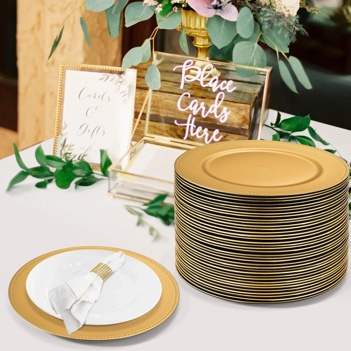 Gold Charger Plates Set of 50 Bulk 13 Inch Round Heavy Duty Reusable Plastic Dinner Chargers with Matching Napkin Ring Holders, Elegant Beaded Decorative Table Setting Serveware for Wedding Reception Christmas Party Holiday B