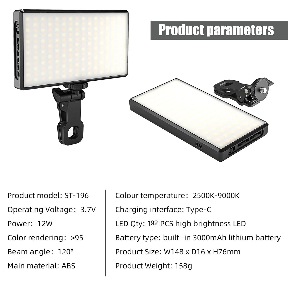 12W 192PCS high brightness LED Photography Live fill light With 3000Mah lithium battery  2500K-9000K Color Temperture Self Light