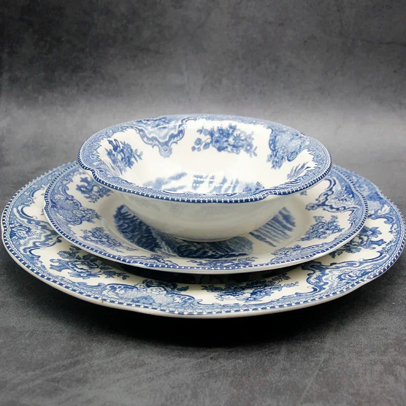 The Blue Britain Castles  Dinner Set European Style Dinner Ware Ceramic Breakfast Plate Beef Dishes Dessert Dish Soup Bowl