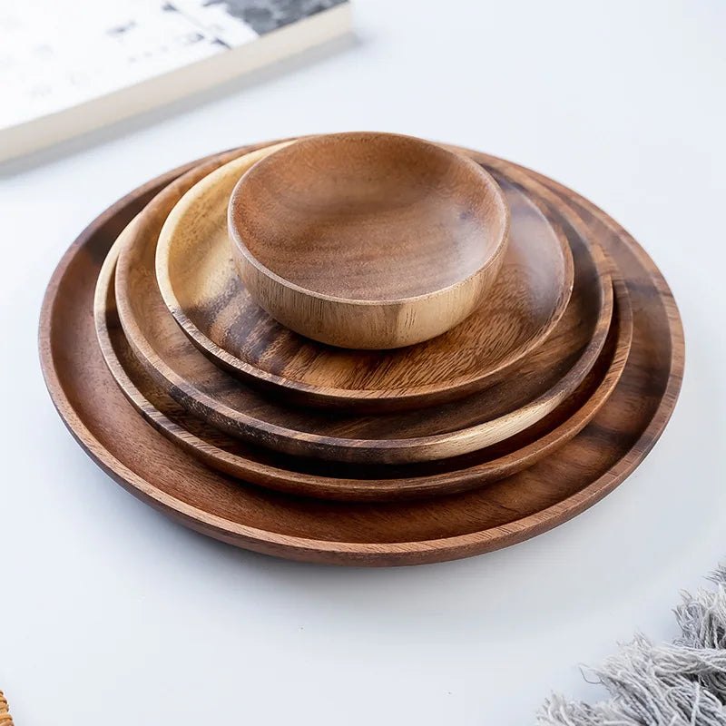 Wooden Dinner Plates Household Round Coffee Tray Solid Wood Tea Saucer Ins Japanese Style Dim Sum For Food Snack Dishs