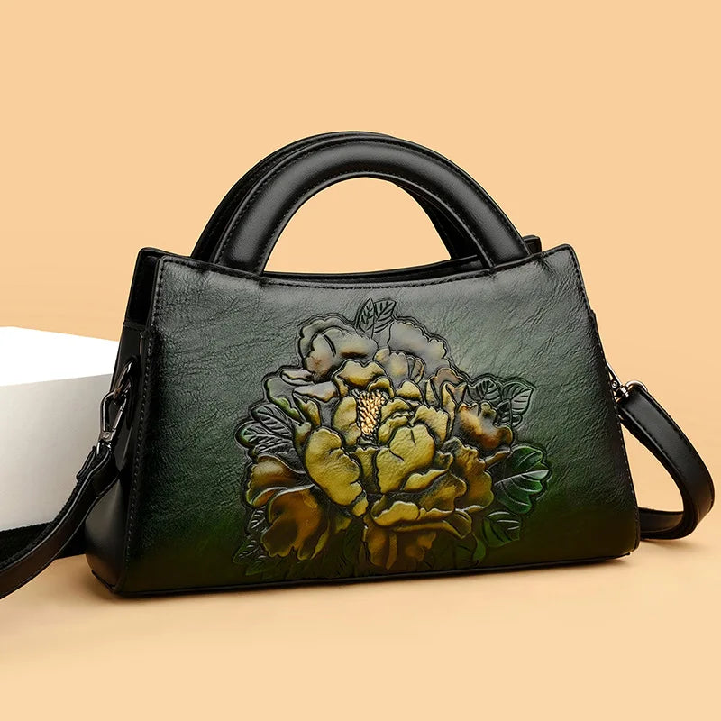 Peony Print Handbag Single Shoulder Bag Women's Retro Style National Trend Crossbody Bag Medium Hardness Daily Use Zipper Clo...