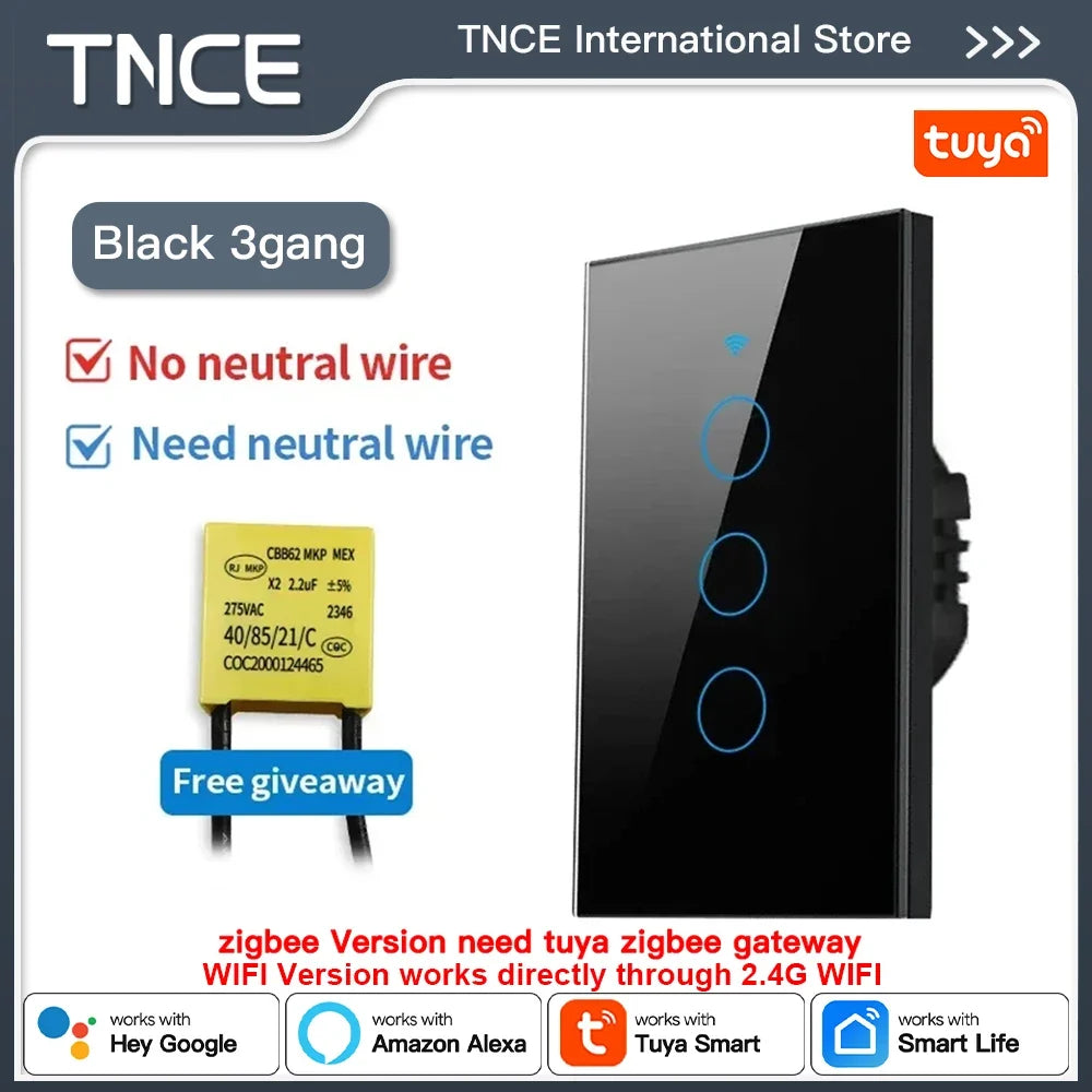 TNCE Tuya US Switch WIFI or Zigbee need/No Neutral Wire Require 1/2/3/4 Gang Smart Touch controller Voice With Alexa Google Home