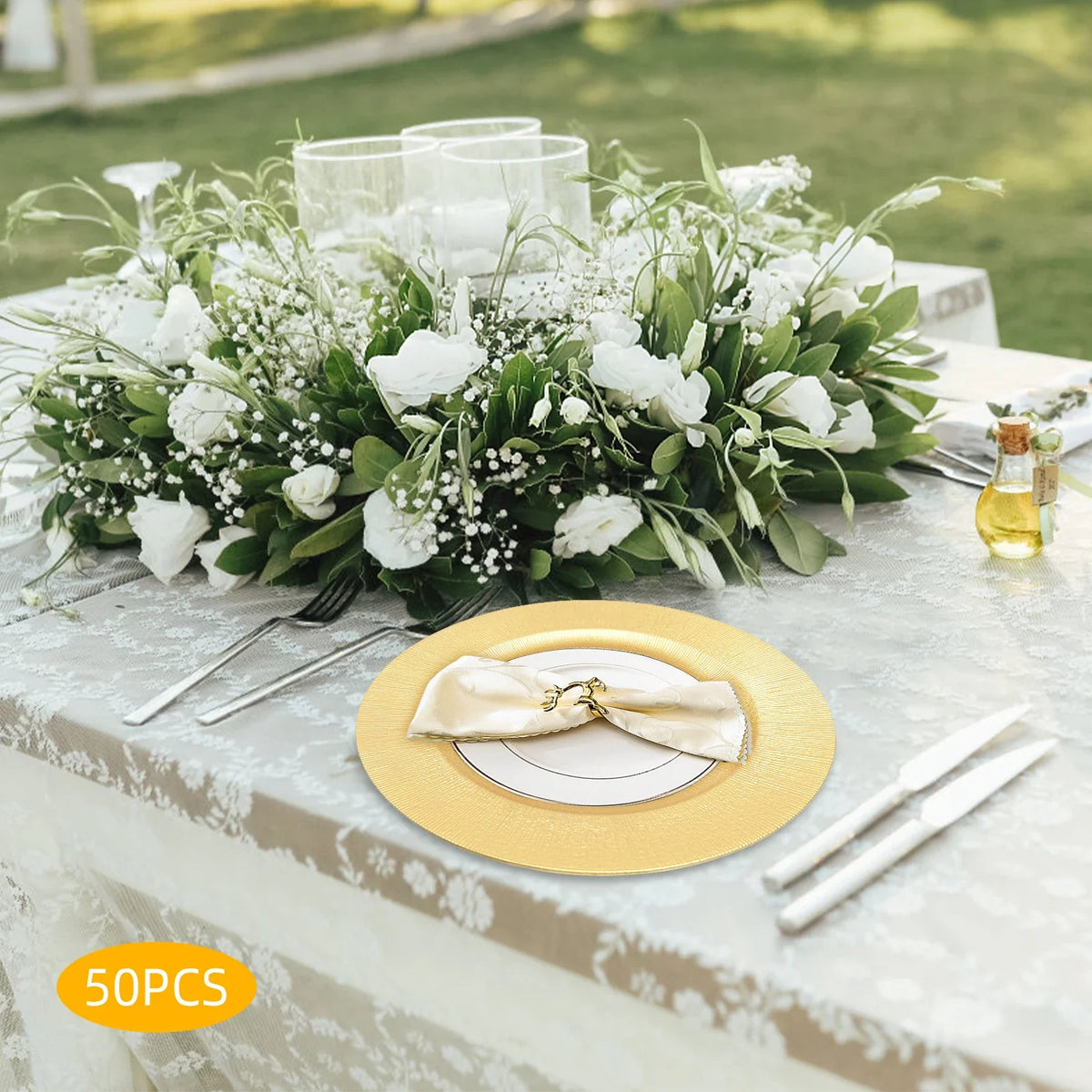 50-Pack Gold Charger Plates – Pp – 12.99" – Spray Painted – Stackable – for Wedding Party Banquet Table Decor – 17.64 Lbs