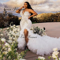 Customized Tulle Slit Ruffle Train Mermaid Wedding Dress 2026 One Shoulder Heavy Beaded Brides Wedding Dresses Luxury W1492