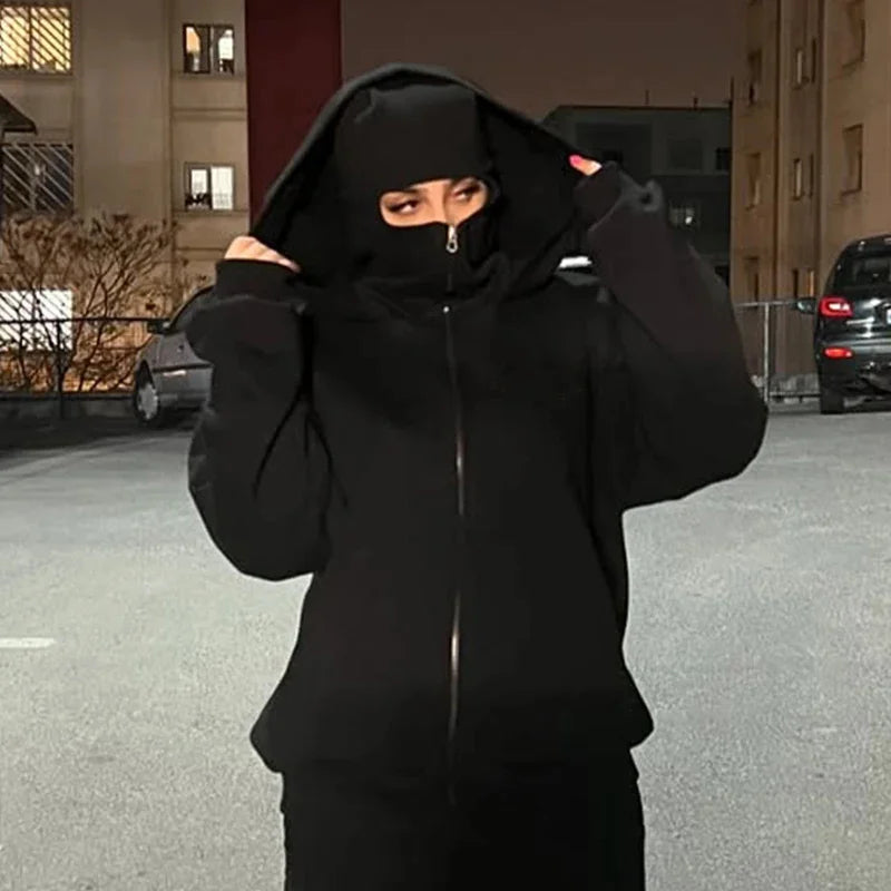 Men's Balaclava Zip Hoodie, Winter Warm Face Mask Hooded Jacket