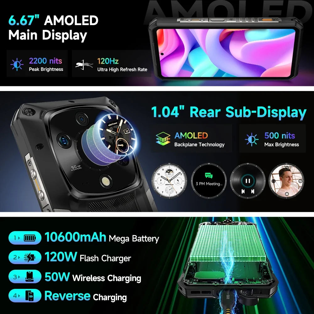 Ulefone Armor 28 Pro 5G AI Rugged Phone 512GB ROM Smartphone 120W MTK Dimensity 7300 10600mAh 6.67”AMOLED 64MP Mobile Phone