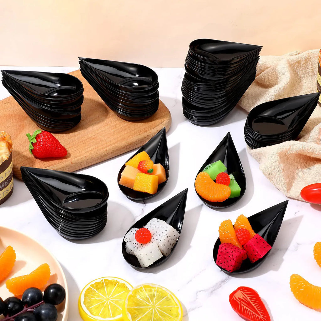 50pcs/set Mini Teardrop Appetizer Plates, Disposable Serving Plates, Small Catering Dessert Tasting Cups, Drop Proof Spoon Set,
