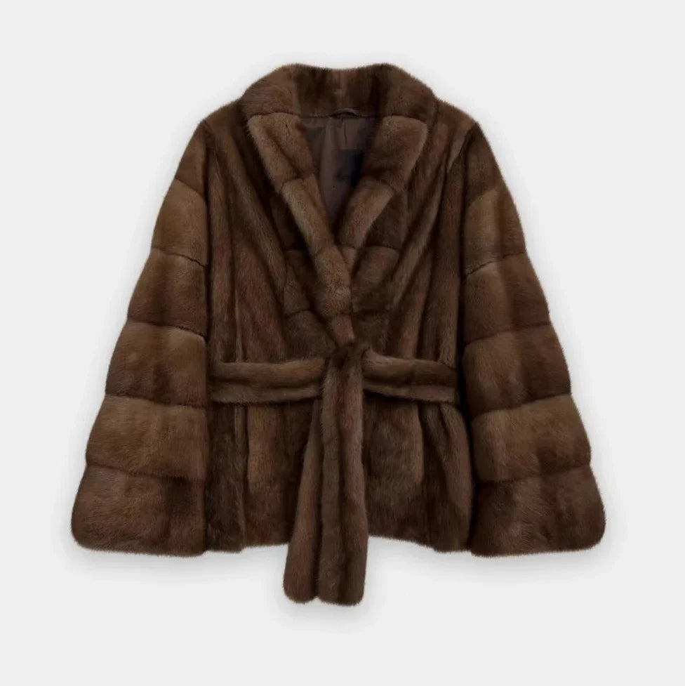 IG 2026 Women Stand Collar Belted Waist Faux Mink Fur Jacket Loose Long Sleeve Luxury Elegant Winter Party Daily Outer Coat