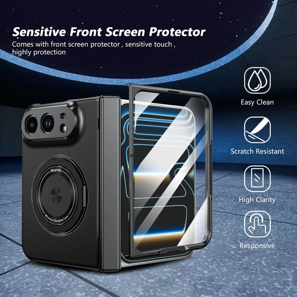 360 Rotatable Stand Magnetic Wireless Charging Phone Case for IPhone Duo Fold Tempered Glass Film Hinge Protective Cover