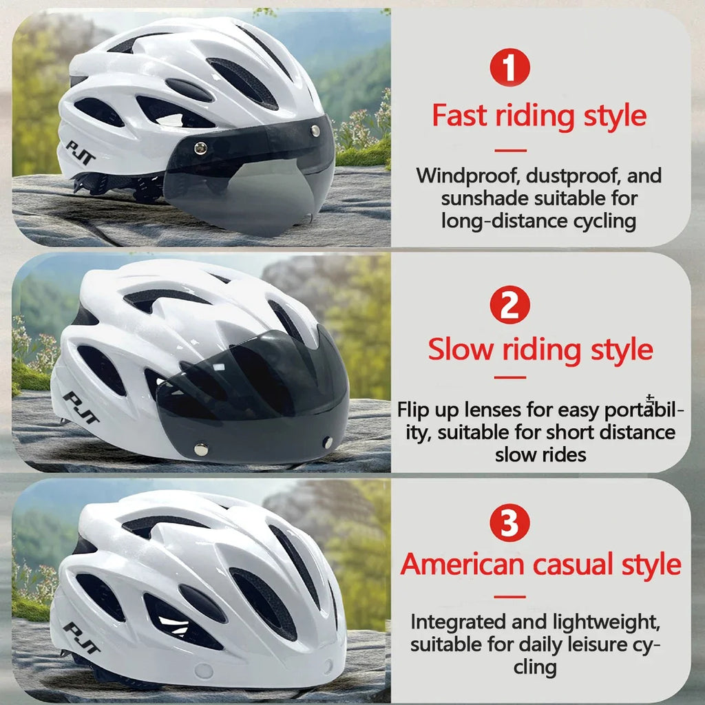 PJT Ultra-Light Magnetic Goggles Bicycle Helmet Lightweight PC Shell & EPS Foam Construction Cycling Helmet MTB Bike Helmet
