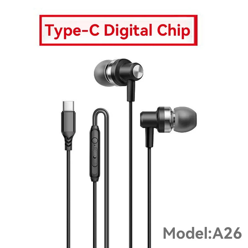 9D HIFI Heavy Bass Gaming Headphones Type-C Digital Chip Metal Magnetic Music Earbuds with Microphone In-Ear Headphone Universal