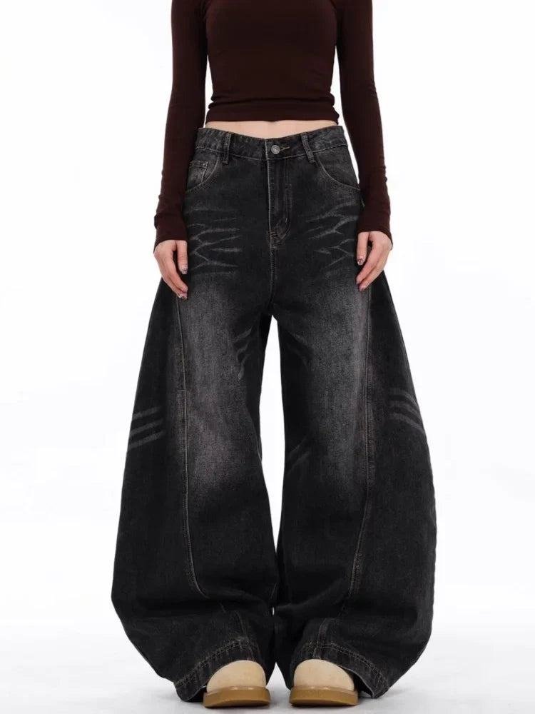 2026 Japanese Y2K Fashion Vintage Black Patchwork Baggy Women's Jeans Pants Wide Leg Woman Clothing Casual Cotton Denim Trousers
